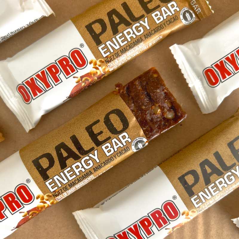 Barrita energética Paleo energy bar sabor macadamia, anacardo y cacao. La Barrita ideal para competición.