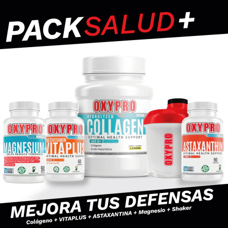 Pack Salud PLUS (magnesio + colágeno + astaxantina + multivitamínico + shaker)